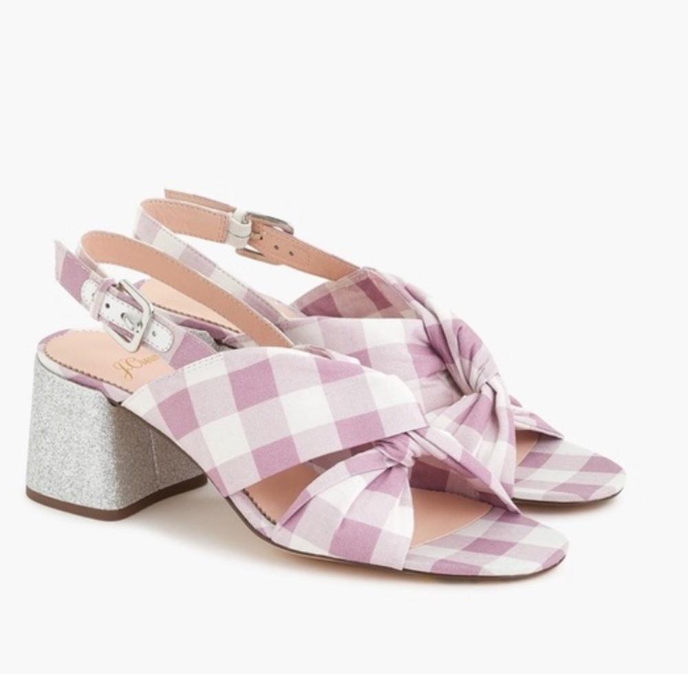 J. Crew jcrew Twisted knot Penny sandals in gingham with glitter heel